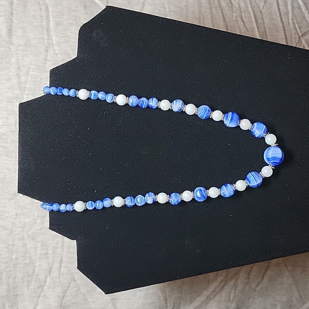 Blue, White, and Gold Upcycled Bead Necklace